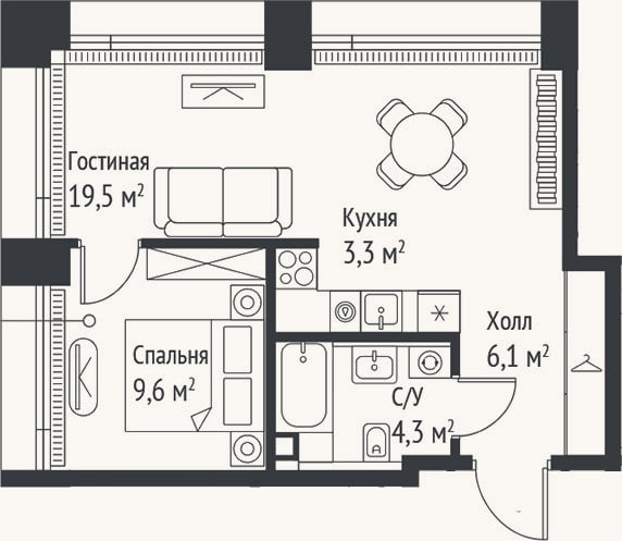 Планировка: 2-к, 42,7 м²