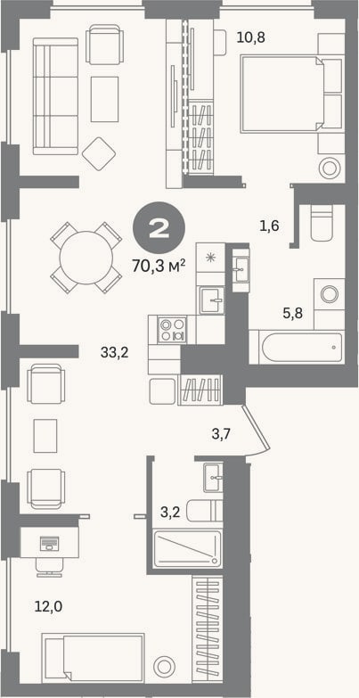 Планировка: 2-к, 70,3 м²