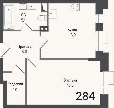 Планировка: 1-к, 42,5 м²