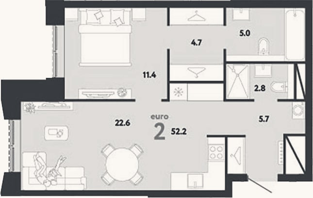 Планировка: 2-к, 52,2 м²