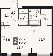 Планировка: 2-к, 50 м²
