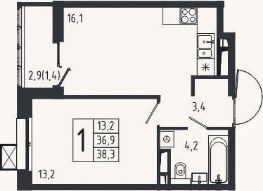 Планировка: 1-к, 36,9 м²