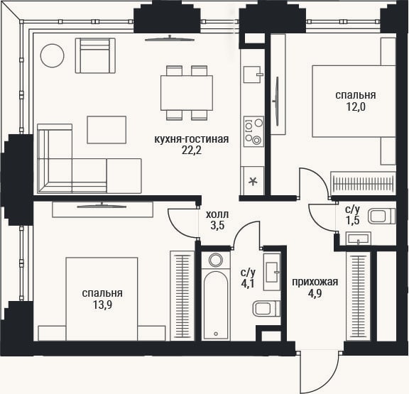 Планировка: 3-к, 62,1 м²
