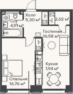 Планировка: 2-к, 48,1 м²