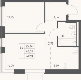 Планировка: 2-к, 40,9 м²