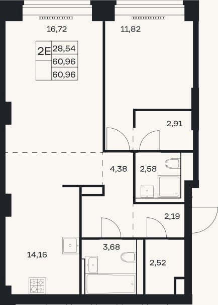 Планировка: 2-к, 61 м²