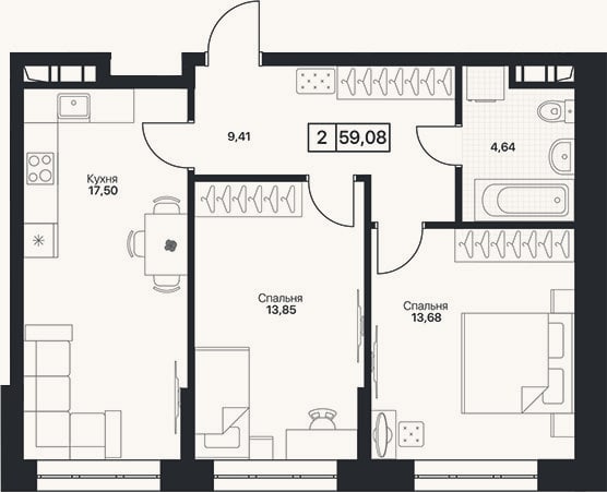 Планировка: 2-к, 59,1 м²