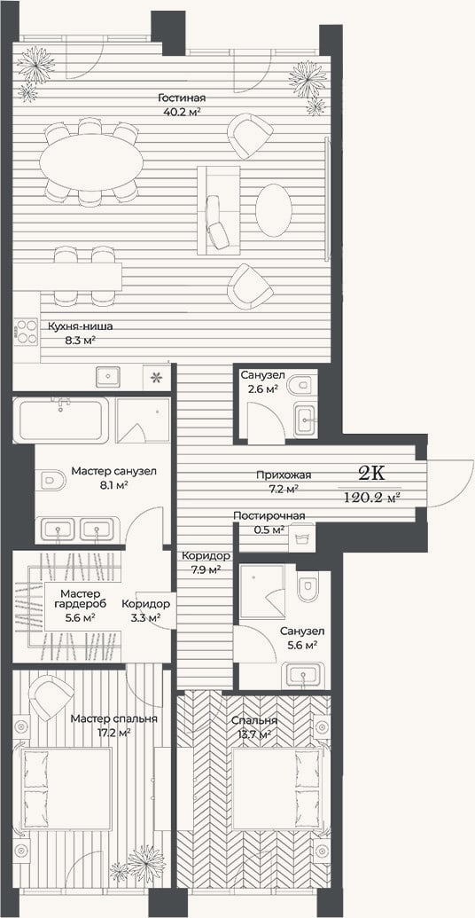 Планировка: 3-к, 120,2 м²