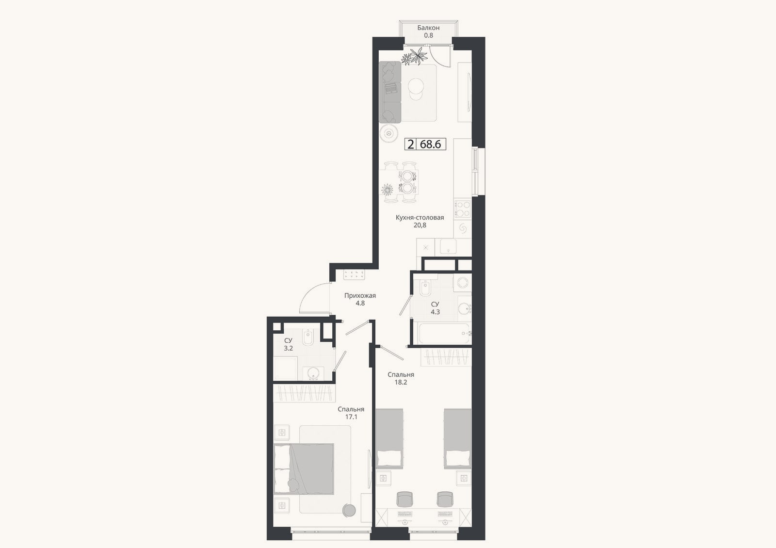 Планировка: 3-к, 68,4 м²
