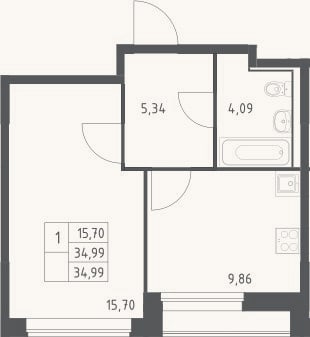 Планировка: 1-к, 35 м²