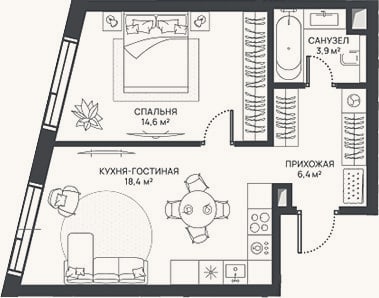 Планировка: 2-к, 43,3 м²