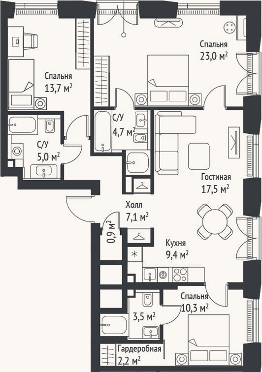 Планировка: 4+ к, 97,1 м²