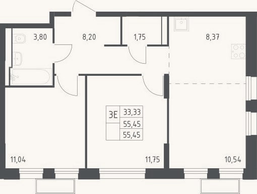 Планировка: 3-к, 55,5 м²