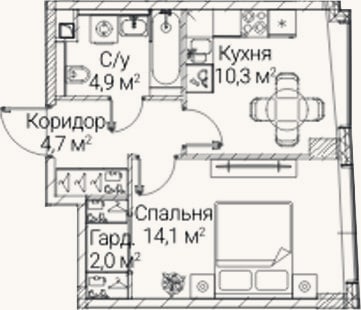 Планировка: 1-к, 36 м²