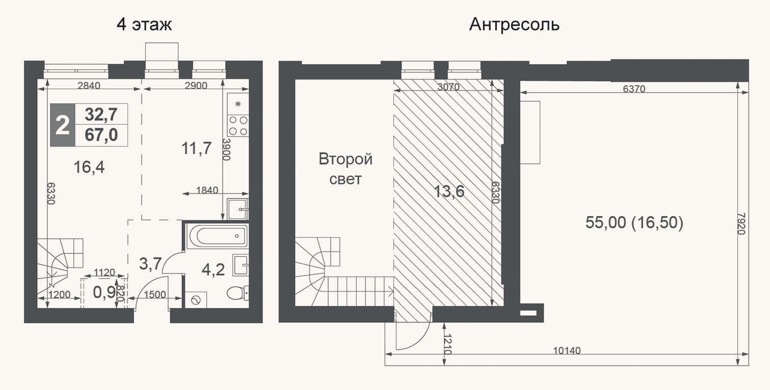 Планировка: 2-к, 50,5 м²