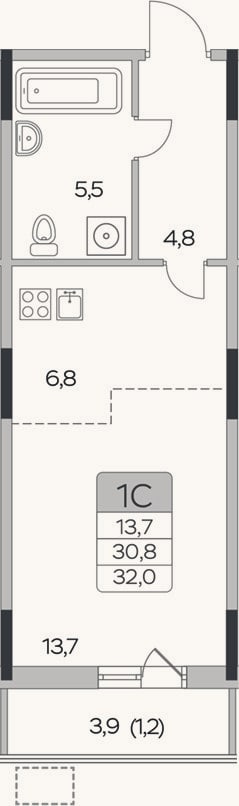 Планировка: Студия, 30,8 м²