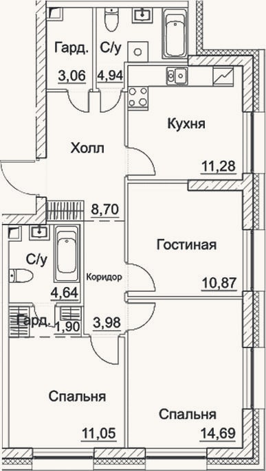 Планировка: 3-к, 75,1 м²