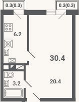 Планировка: 1-к, 29,8 м²