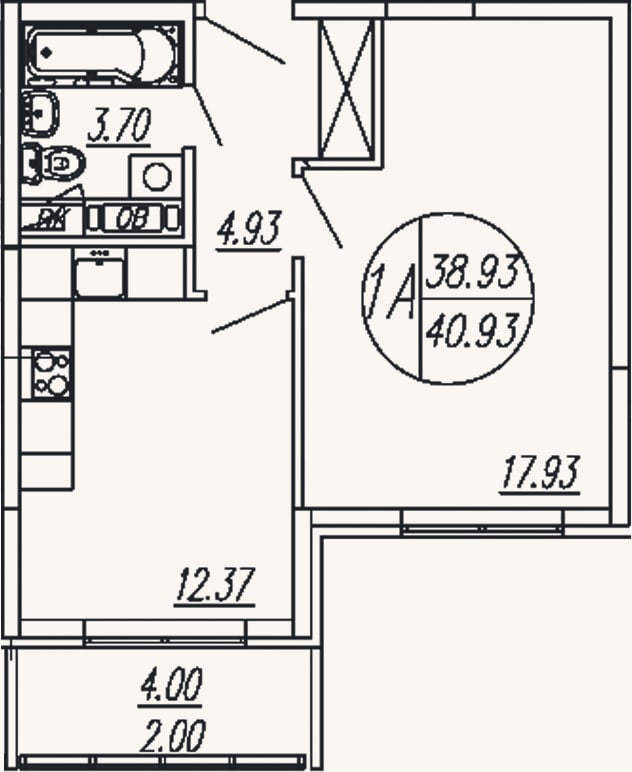 Планировка: 1-к, 38,9 м²