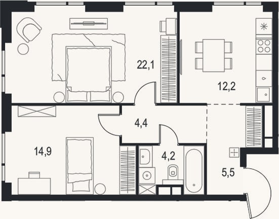 Планировка: 2-к, 63,3 м²