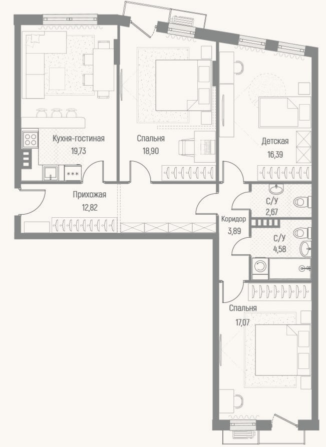 Планировка: 3-к, 95,9 м²