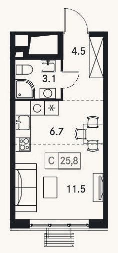 Планировка: Студия, 25,8 м²