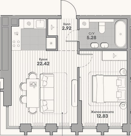 Планировка: 1-к, 43,5 м²