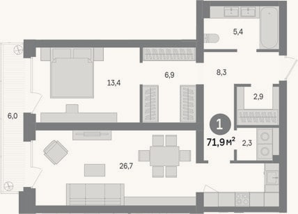 Планировка: 1-к, 65,9 м²