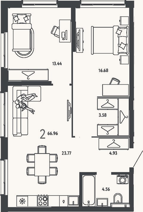 Планировка: 2-к, 67 м²