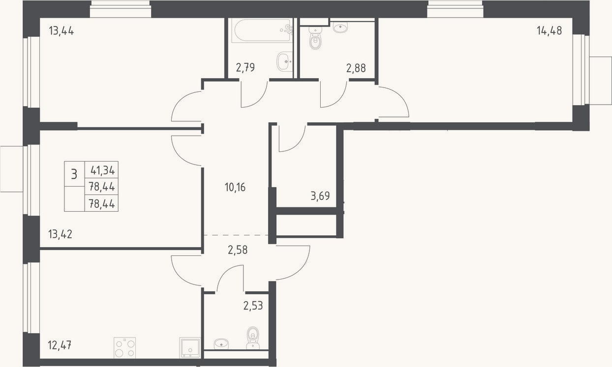 Планировка: 3-к, 78,4 м²