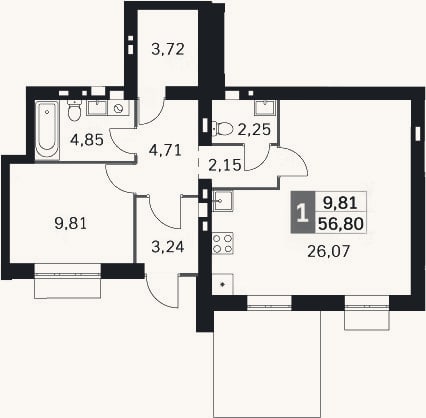 Планировка: 2-к, 56,8 м²