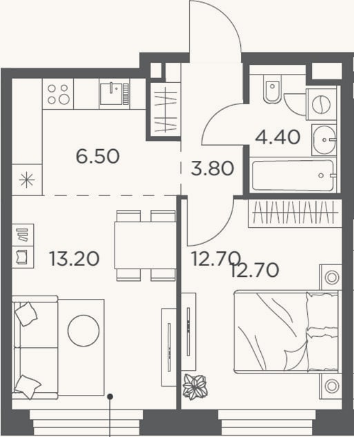 Планировка: 2-к, 40,6 м²