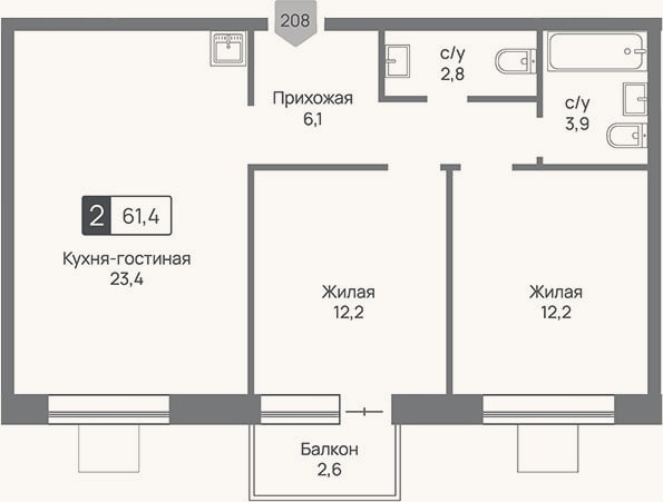 Планировка: 3-к, 60,6 м²