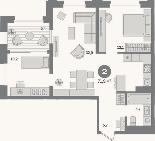 Планировка: 2-к, 66,5 м²