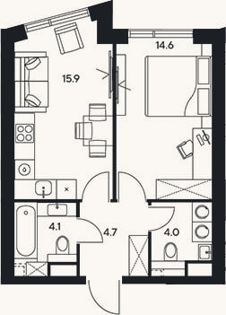 Планировка: 1-к, 43,3 м²