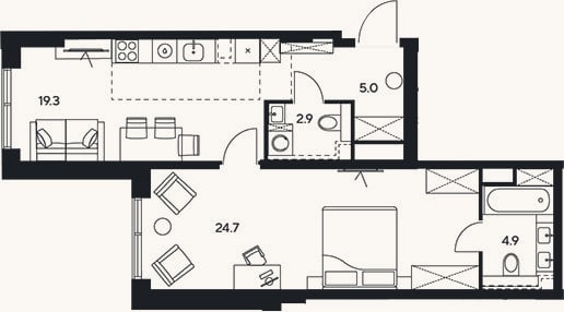Планировка: 2-к, 56,8 м²