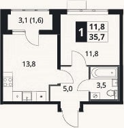 Планировка: 1-к, 34 м²