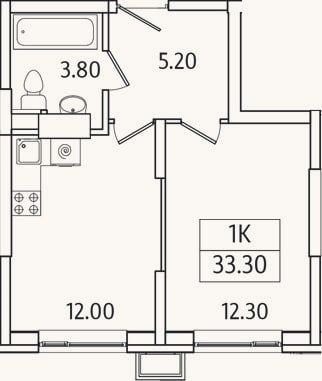 Планировка: 1-к, 33,3 м²