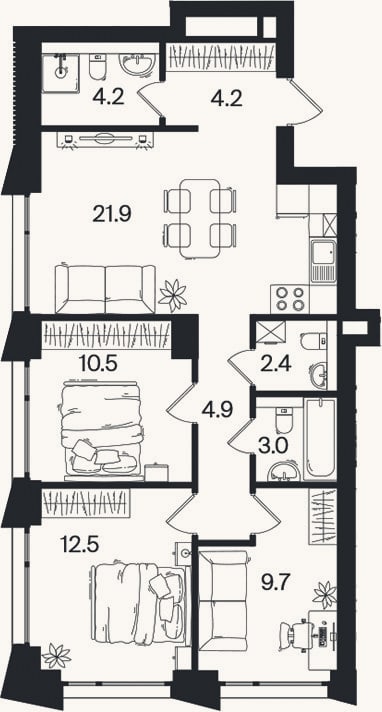 Планировка: 4+ к, 73,3 м²