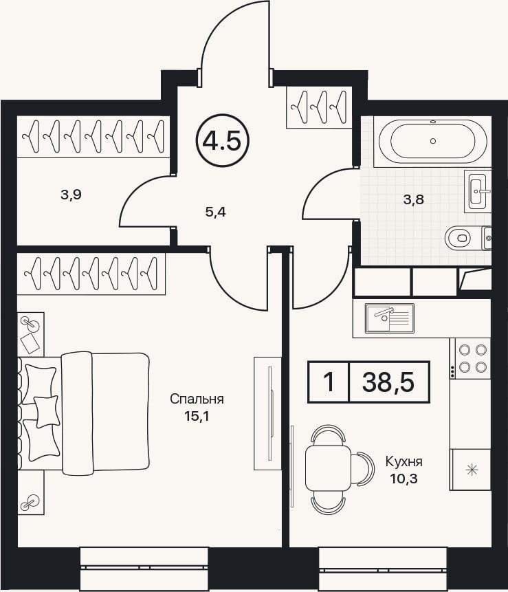 Планировка: 1-к, 38,5 м²