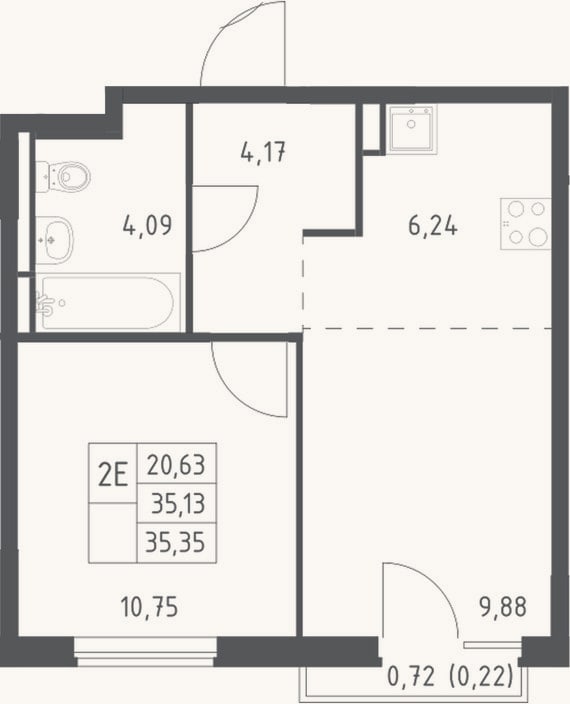 Планировка: 2-к, 35,1 м²