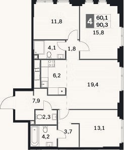 Планировка: 4+ к, 90,3 м²