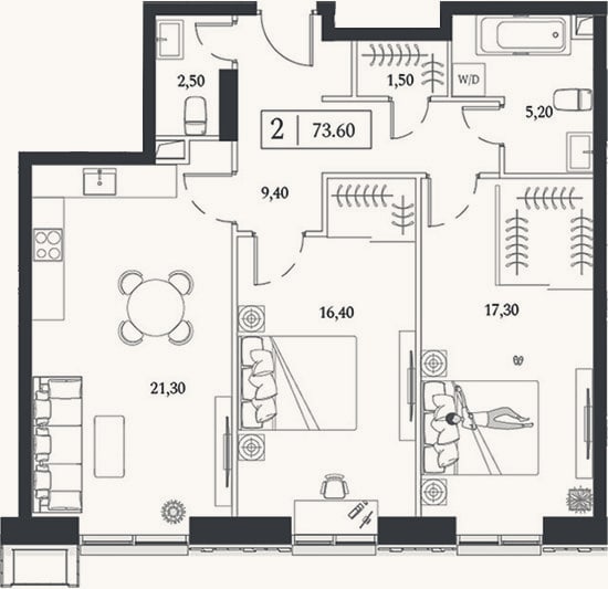 Планировка: 3-к, 73,6 м²