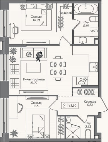 Планировка: 3-к, 65,9 м²