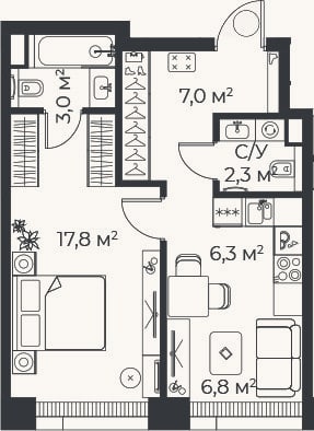 Планировка: 2-к, 43,2 м²