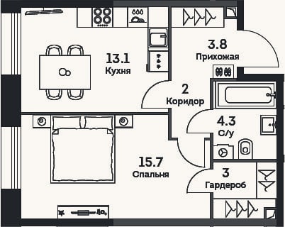 Планировка: 1-к, 41,9 м²