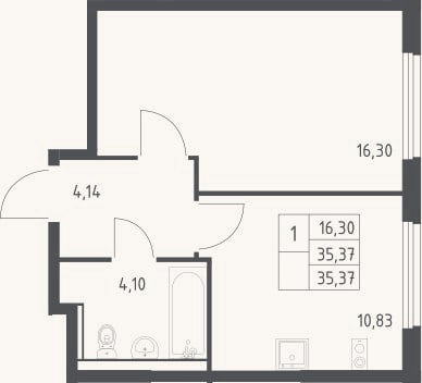 Планировка: 1-к, 35,4 м²