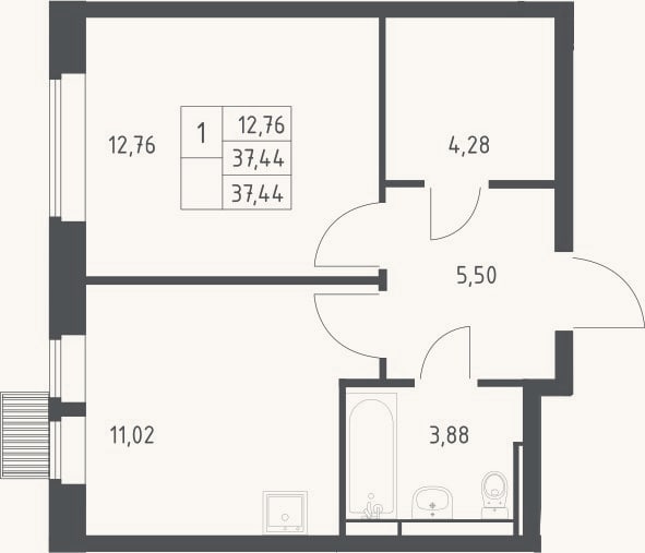 Планировка: 1-к, 37,4 м²