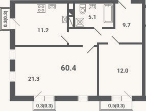 Планировка: 2-к, 59,3 м²