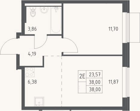 Планировка: 2-к, 38 м²